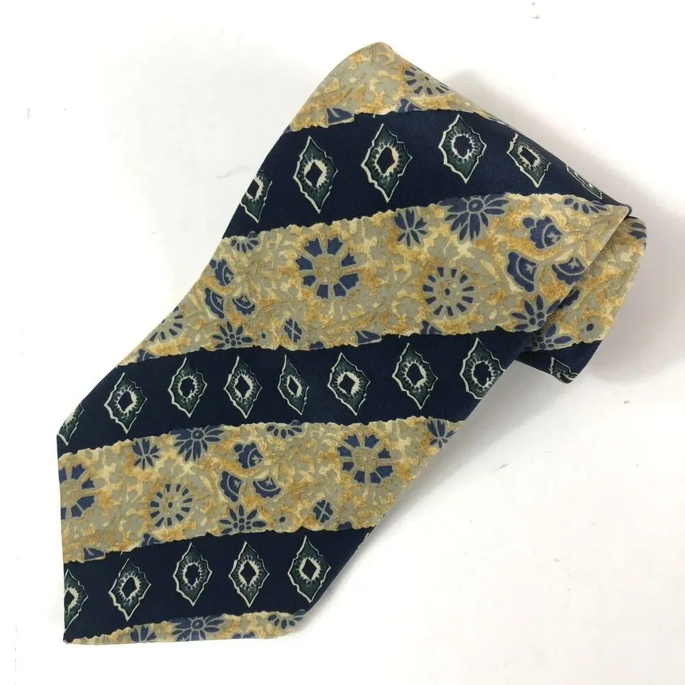 Metropolitan Museum of Art Silk Tie Vtg Blue Gold Geometric Pattern Made Canada